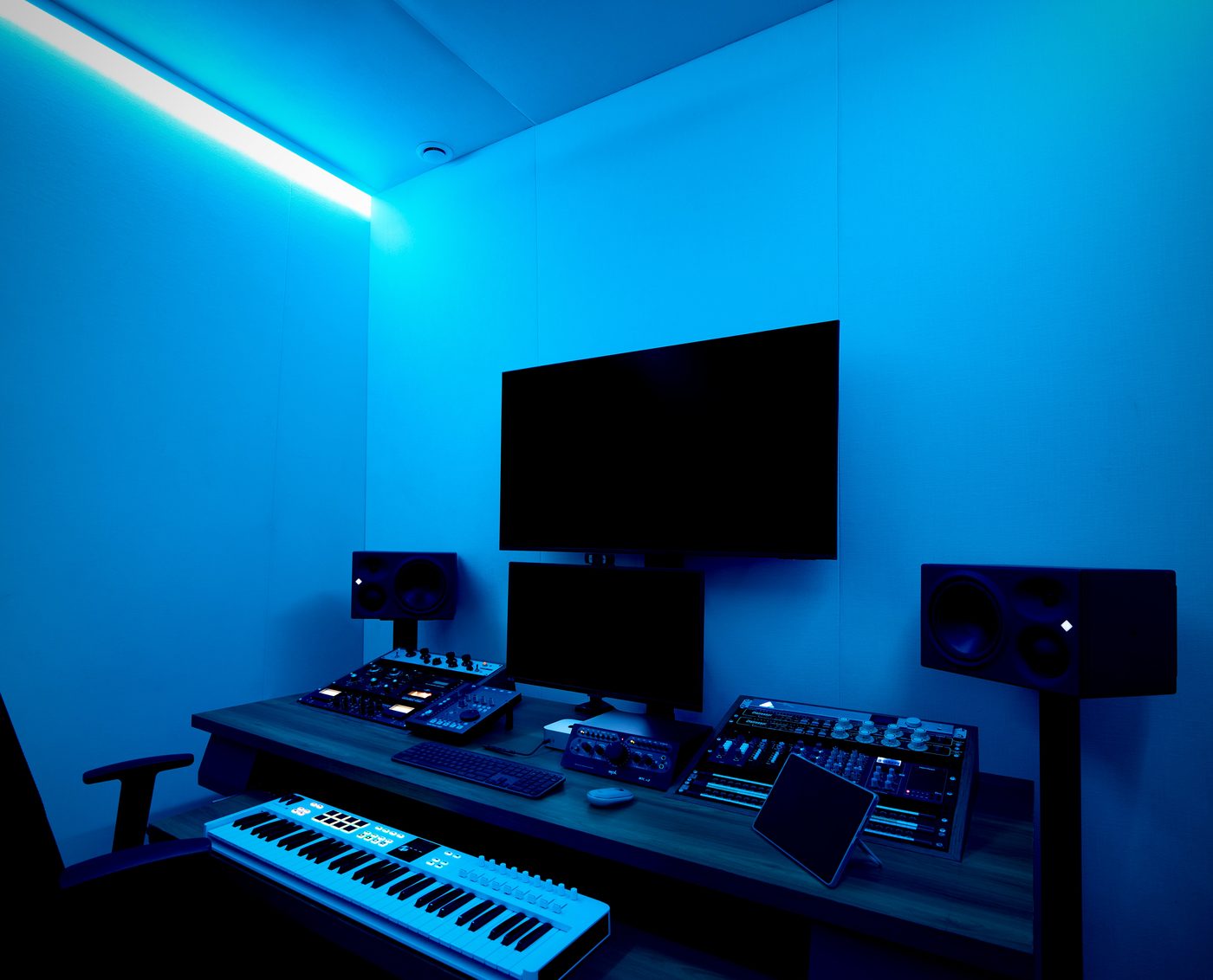 The control room at The White Room, lit by warm light